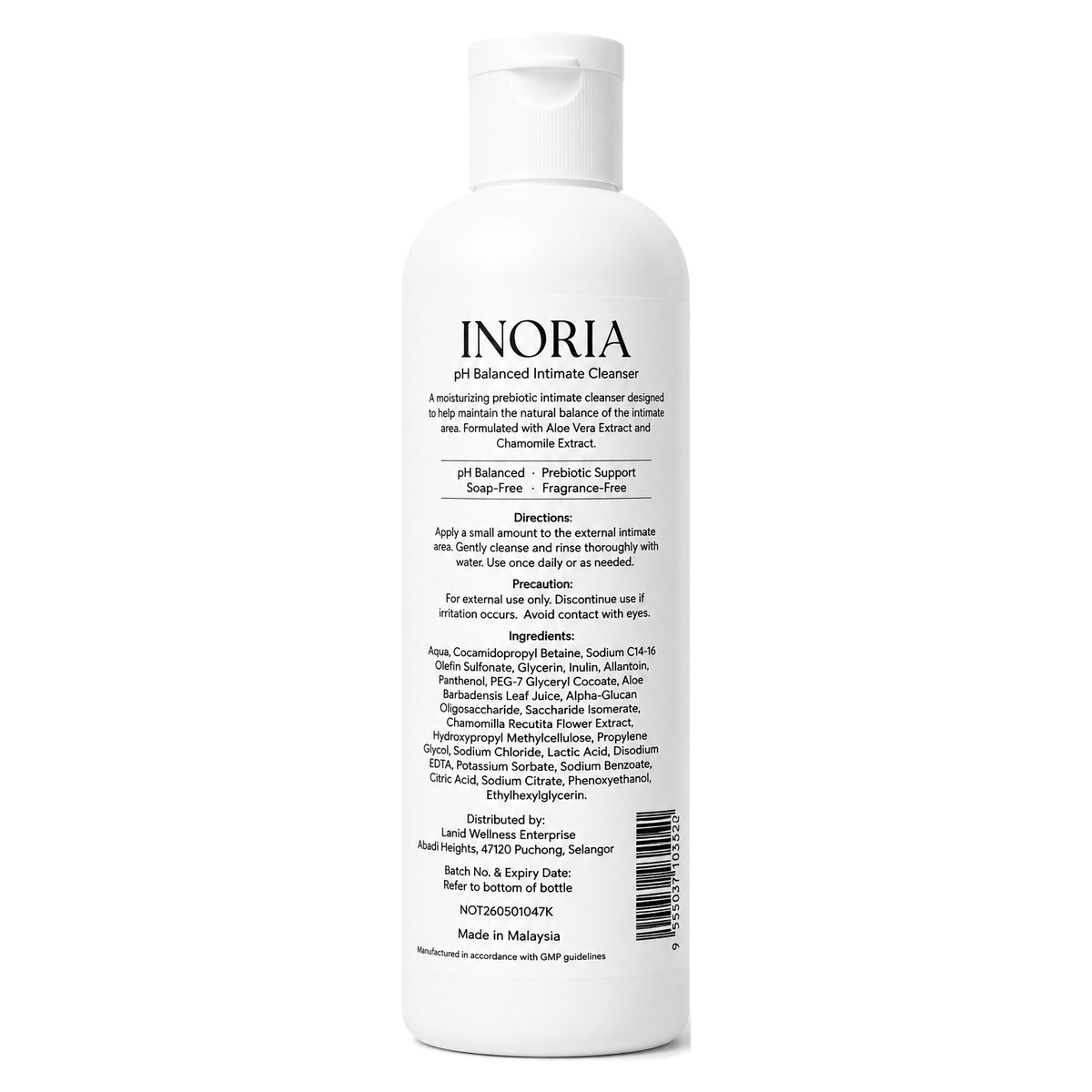 Back of the INORIA bottle, showing the full ingredient list, directions, precautions and notification number